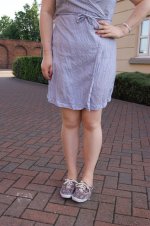 H&M blue an white seersucker striped wrap dress, purple Liberty print Keds, summer outfit, fun...JPG